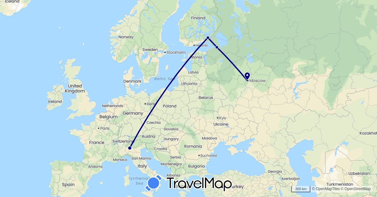 TravelMap itinerary: driving in Finland, Italy, Russia (Europe)